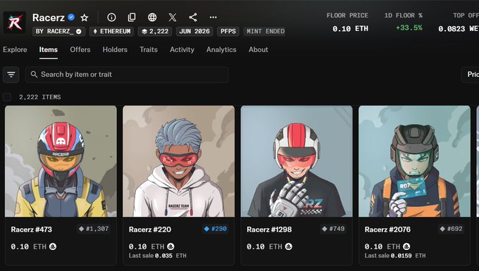 A screenshot of the Racerz NFT collection on OpenSea shows a floor price of 0.10 ETH with 2,222 items minted on Ethereum, featuring character avatars like "Racerz #473," "Racerz #220," "Racerz #1298," and "Racerz #2076." The image visually confirms the post's celebration of the collection reaching a 0.1 ETH floor price shortly after mint, despite early "rug" accusations from skeptics.