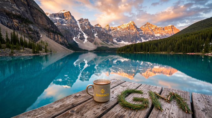 A scenic mountain lake at sunset with a Binance-branded mug sitting on a wooden dock in the foreground.