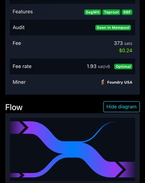 A cryptocurrency mining pool dashboard displays information including Features (SegWit, Taproot, RBF), Audit status (Seen in Mempool), a Fee of $0.24, and a Fee rate of 1.93 sat/vB marked as 'Optimal', with a 'Foundry USA' miner tag.