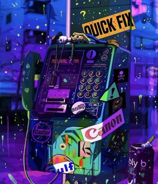 A vibrant, graffiti-style digital artwork of a payphone covered in stickers and neon colors, with 'QUICK FIX' signage and various graffiti tags including 'Canon' and 'BUMP'.