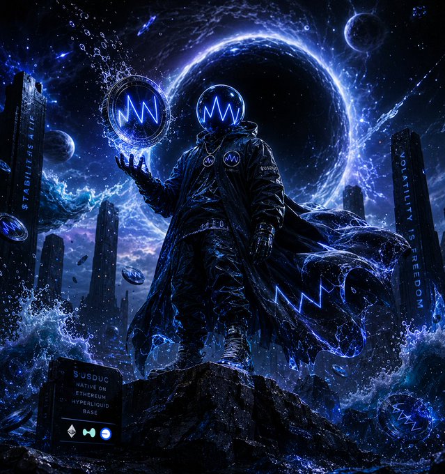 The image features an illustration of a man dressed in black, standing atop a rock with two glowing balls in his hands. The background depicts a dark blue sky filled with floating planets and stars, creating a sense of depth and mystery. The caption on the image reads "$USDUC Not only is it on Solana, and not only is it from a single chain like we're used to It'S natively on Ethereum Hyperliquid Base Instability will cross all terrestrial and digital borders". This suggests that the man's actions in the image are related to Bitcoin or Ethereum, possibly symbolizing the decentralization of power or the interconnectedness of different worlds.