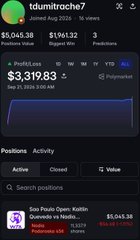 A mobile screenshot of the Polymarket prediction market interface for 'tdumitriche7' showing positions, active markets, and a profit/loss of $3,319.83.