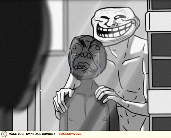 The image features a man with a sad face, possibly crying or frowning, standing next to another person who appears to be a monster or a character from a meme. The background of the image shows a window, which adds depth to the scene. The caption below the image reads "Make your own Rage Guy memes at rage-comics/rage-comics". This suggests that the creator of this image is interested in creating and sharing memes related to the concept of a "rage guy" or a similar character.