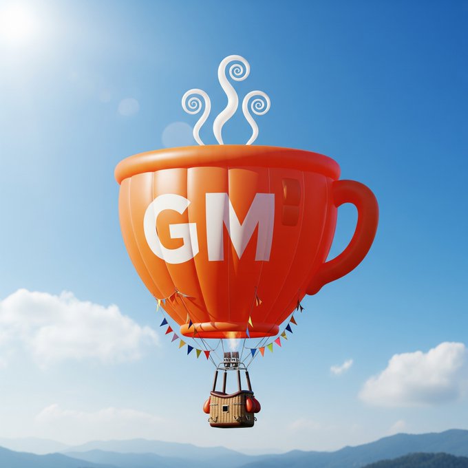 A 3D rendered illustration of a red teacup-shaped hot air balloon with 'GM' written on it, floating in a blue sky with mountains below.