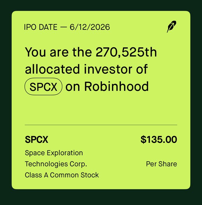 The image features a green square with white text that reads "IPO Date - 6/12/2026". This information suggests that there might be an event or announcement related to the stock market, possibly involving SPCCX. The text also mentions that SPCCX is allocating $270,525th allocated investor of SPCC on Robinhood.