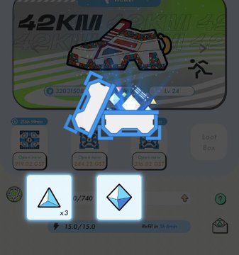 A Pokémon-style RPG game screen shows a 42KM trainer profile in a 'Loop Box' zone, with two open loot boxes revealing blue crystal rewards.