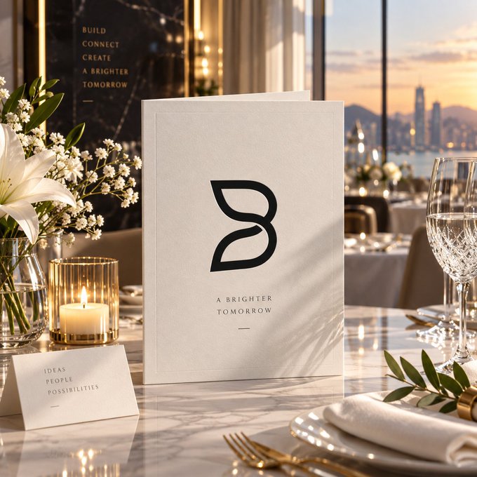 An elegant event table setting features a white card displaying a stylized 'B' logo with the text 'A BRIGHTER TOMORROW,' accompanied by lilies, a candle, crystal glassware, and a cityscape backdrop with the words 'BUILD CONNECT CREATE A BRIGHTER TOMORROW.'