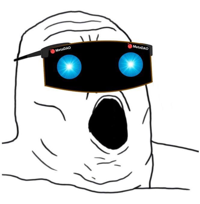 A meme image of a crying figure wearing MetaDAO-branded VR goggles with glowing blue eyes.