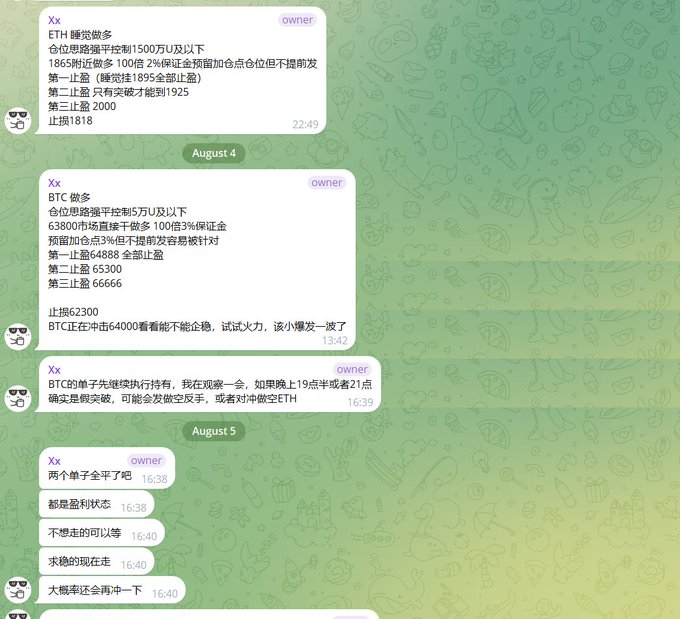 A Telegram chat in Chinese showing trading strategies for ETH and BTC, with the user "Xx" providing entry/exit points such as ETH long at 1500-1865 with stops, and BTC long at 63800-6488, alongside discussion of market positions and whether it's too early to enter single-sided trades, complementing the post's analysis of BTC's battle around the 64500 level.
