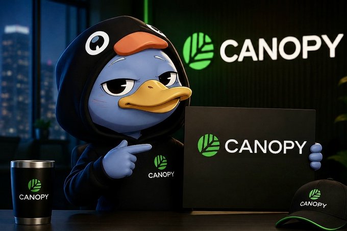 The image features a cartoon duck wearing a hoodie, holding up a sign that says "Canopy" with a green leaf design. The duck appears to be standing next to a laptop computer, which has the word "CNPY" written on it in white letters. In the background, there is a building visible behind the duck and the laptop.