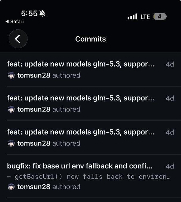 These GitHub commits from "tomsun28" show updates related to "glm-5.3", confirming that GLM-5.3 is in development and is coming soon.