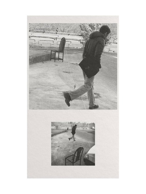 A black and white composition featuring a larger photo of a person wearing a hooded jacket walking while holding a string attached to a chair, with a smaller duplicate image below it.