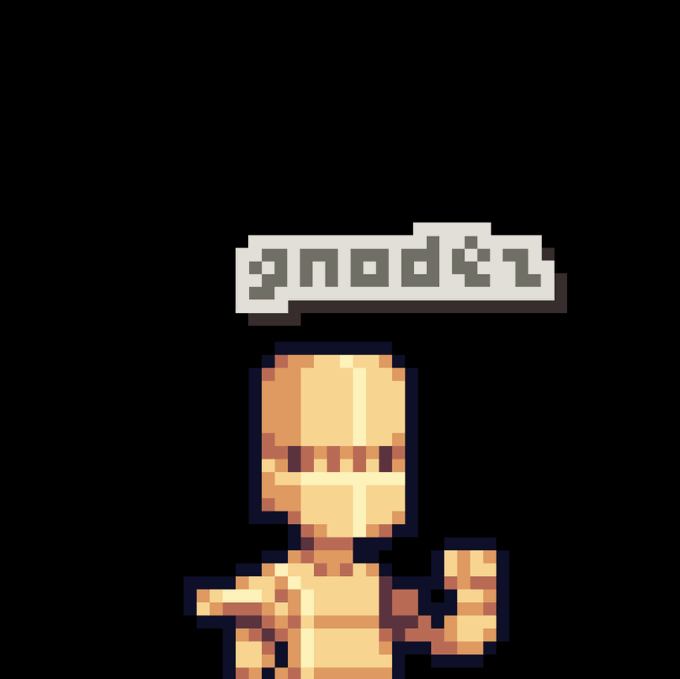 A pixel art character with a blank beige face and hood appears against a black background, with a speech bubble displaying stylized blocky text resembling "gnodez" floating above its head, directly illustrating the post's reference.