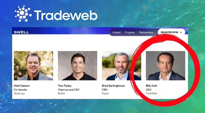Tradeweb SWELL event page featuring four speakers: Matt Damon (Water.org Co-founder), Tom Farley (Bullish Chairman and CEO), Brad Garlinghouse (Ripple CEO), and Billy Hult (Tradeweb CEO), who is circled in red.
