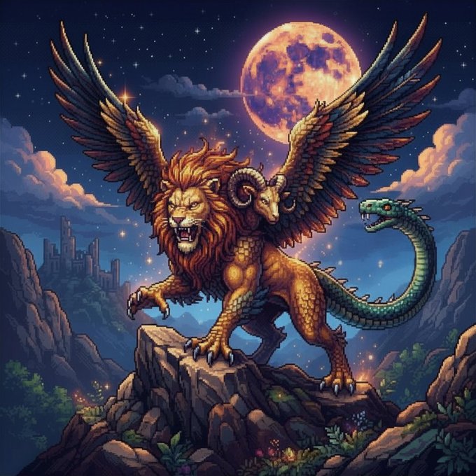 A fantasy pixel-art creature combining a lion's head, eagle wings, and a serpent's tail stands majestically on a rocky cliff beneath a glowing full moon.