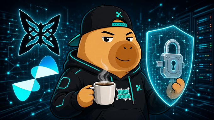 A cartoon mascot of a character wearing a black hoodie and cap holds a coffee cup and a shield with a padlock, accompanied by butterfly and Sui Network logos against a digital tech background.
