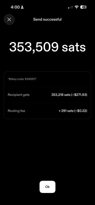 A Bitcoin Lightning Network transaction confirmation screen showing 'Send successful' for 353,509 sats (~$271.93) with a routing fee of 291 sats.