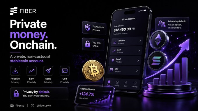 A digital advertisement for 'FIBER' promoting a private, non-custodial stablecoin account with the tagline 'Private money. Onchain.' and showing a smartphone interface.