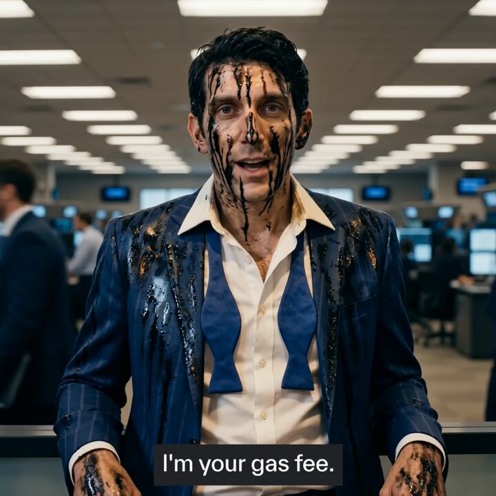 In this image, a man dressed up in a suit with blue ties stands inside an office space that appears to be an investment firm based on its name "Sui". The man's face and hands are covered in oil, suggesting he may have been working on some sort of project or deal involving finances. The caption reads: "I'm your gas fee. No need to top up for gas. No risk of trades halting. No positions wiped while you sleep." This humorous statement highlights the risks involved with the financial industry and the importance of being prepared for unexpected situations, like running out of gas.