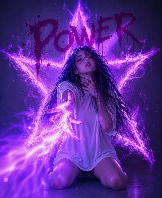 A woman kneels with eyes closed as purple magical energy bursts from her hands, with the word "POWER" splashed in dripping red-pink letters across the top.