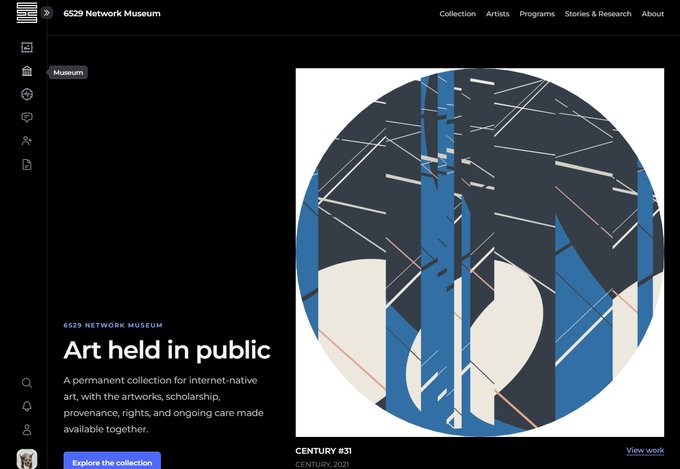 Screenshot of the 6529 Network Museum website homepage displaying 'Art held in public' with a circular blue abstract artwork titled 'CENTURY #31' by CENTURY, 2021.