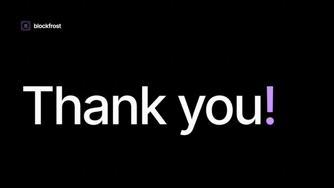 A simple "Thank you!" with the Blockfrost logo, acknowledging the community's participation in the vote for Blockfrost to become a community-owned not-for-profit.