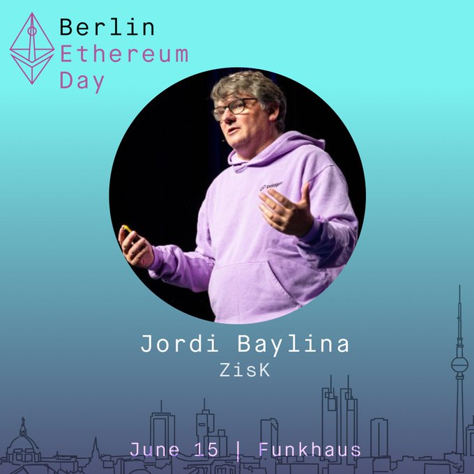 The image features a man wearing glasses, standing in front of a city skyline with tall buildings. The man appears to be giving a speech or presentation at an event. The caption below his photo reads "@jordi baylina from @ziskvm team to the Berlin Ethereum Day! Registration and more info".