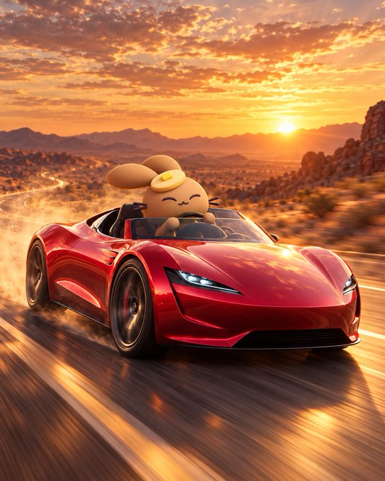 A cute cartoon bunny with closed eyes rides atop a sleek red convertible speeding through a desert landscape at golden hour, evoking a sense of freedom and bold movement.

The image complements the "Mystery Stock #37" hint about a major public company holding Bitcoin by pairing a fluffy pancake-like bunny mascot (referencing PancakeSwap) with a luxury sports car, symbolizing how early investment in this Bitcoin-adopting company could deliver high-speed, high-reward gains.