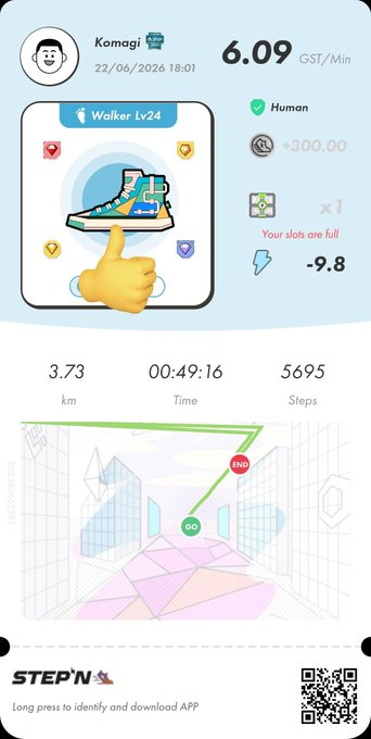 "StepN" is a fitness tracking app which allows users to track their progress during physical activities such as running or walking by setting goals, logging data and monitoring their performance. The image shows an overview of the user's step count on a phone screen displaying various icons related to different aspects of the app, such as distance traveled (3,734 steps), time spent on activity (6:09), calories burned (99.8), steps taken (66), and heart rate monitor (68).