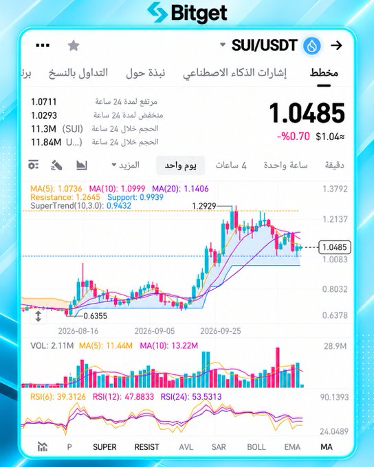 A Bitget cryptocurrency trading chart for SUI/USDT showing a price of 1.0485 with a -0.70% change, displaying candlestick patterns, MA lines, and volume indicators on a daily timeframe.