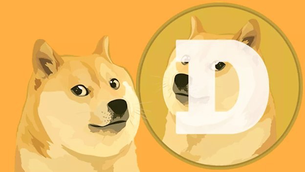 An illustration of a Shiba Inu dog next to a large Dogecoin (DOGE) logo, set against an orange background.