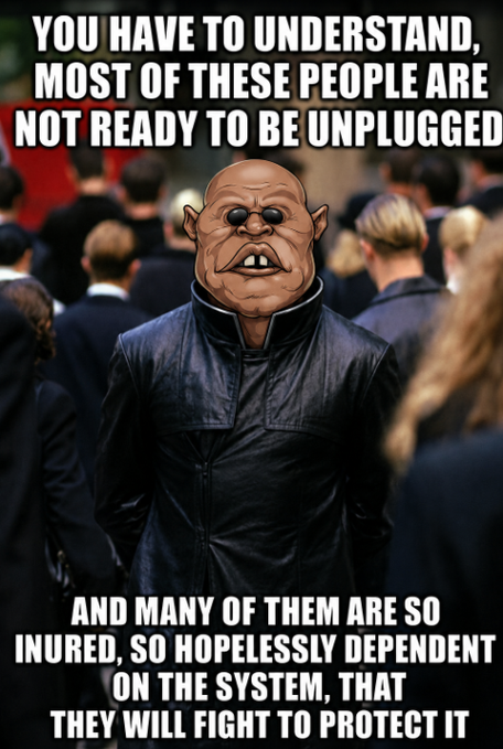An unsettling image featuring a masked figure in a black leather jacket standing amidst a crowd, with bold text reading: "YOU HAVE TO UNDERSTAND, MOST OF THESE PEOPLE ARE NOT READY TO BE UNPLUGGED" at the top, and "AND MANY OF THEM ARE SO INJURED, SO HOPELESSLY DEPENDENT ON THE SYSTEM, THAT THEY WILL FIGHT TO PROTECT IT" at the bottom. The dystopian, Matrix-inspired scene aligns with the post's warning about awakening to the reality of meme coin projects like $MORPHOOD, $FRONG, $POOLS, and $INDEX, suggesting many are too invested in the system to question it.