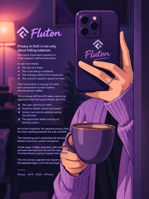 An illustrated promotional image for Fluton featuring a person holding a phone and a coffee mug, with text explaining privacy in DeFi, encrypted intents, FHE, and ZK execution layers.