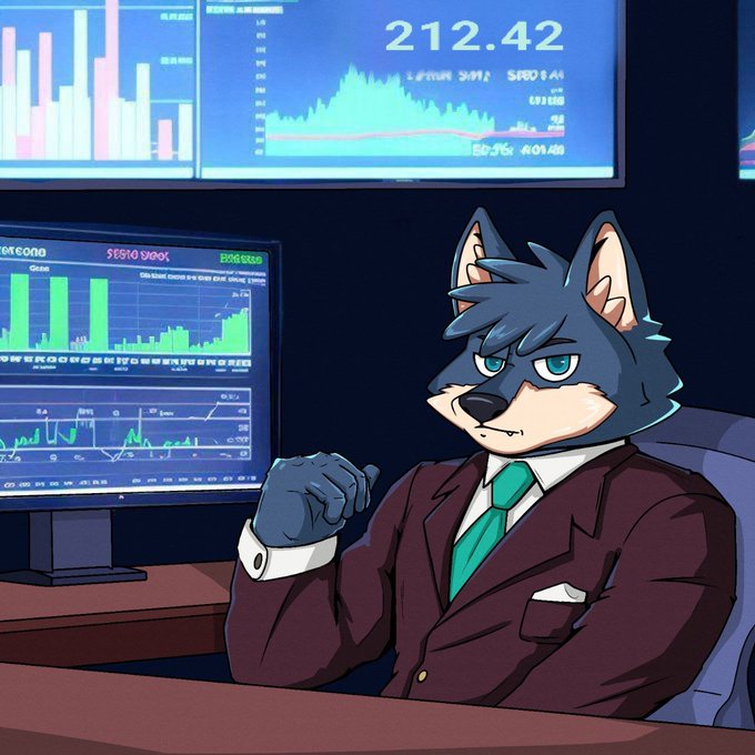 An anthropomorphic gray wolf wearing a maroon suit and teal tie sits confidently at a desk in front of multiple monitors displaying stock charts and financial data, including a prominent '212.42' figure.