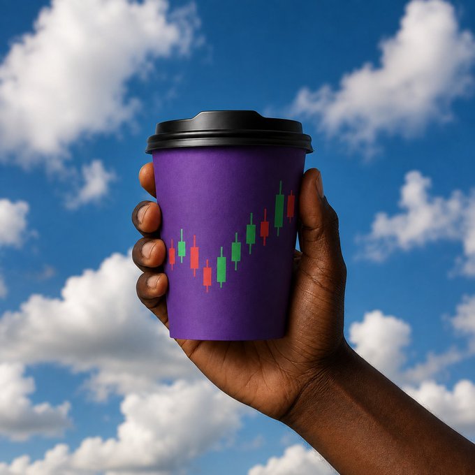 A hand holding a purple paper coffee cup decorated with a stock market candlestick pattern, set against a blue sky with white clouds.