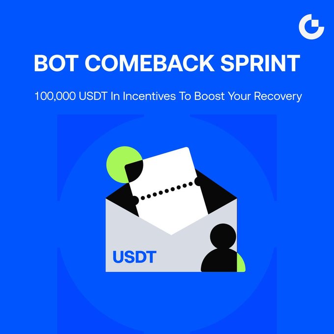 A blue promotional graphic for Google titled 'BOT COMEBACK SPRINT' offering '100,000 USDT In Incentives To Boost Your Recovery,' featuring an illustration of an envelope and person.