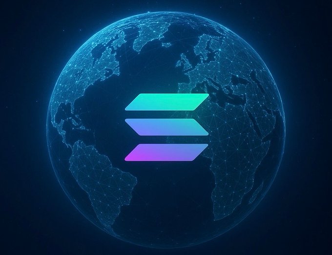 A glowing digital Earth rendered in blue wireframe mesh displays the Solana logo (three stacked, slanted bars in teal, blue, and purple gradients) at its center, symbolizing Solana's global reach and worldwide adoption as referenced in the post "Everybody in the world is using SOLANA."