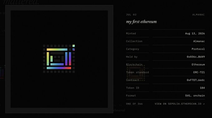 A webpage for 'my first ethereum' showing details of an NFT token, including 'Held by 0x036c..8d49', 'Blockchain Ethereum', 'Token standard ERC-721', and 'Format SVG, onchain', displayed alongside a colorful pixel-art graphic.