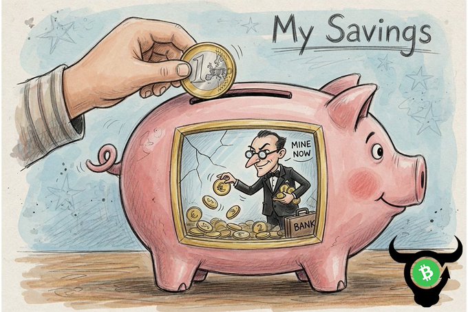 Cartoon illustration titled 'My Savings' showing a hand putting a 1 Euro coin into a pink piggy bank that displays a banker saying 'MINE NOW'.