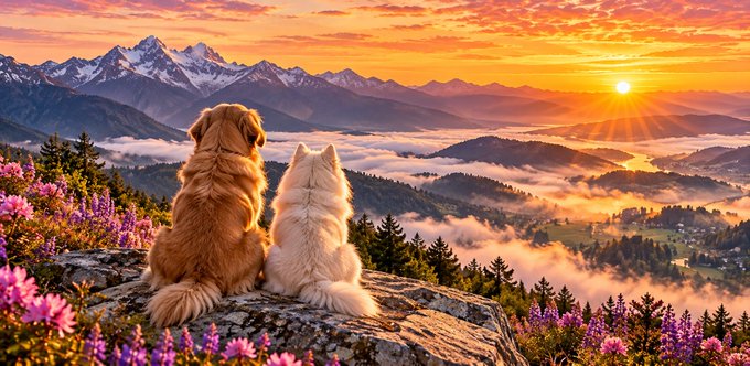 An illustrated scene of a golden retriever and a white dog sitting together on a rocky outcrop overlooking a misty mountain lake at sunset, with snow-capped peaks in the distance and pink wildflowers in the foreground.