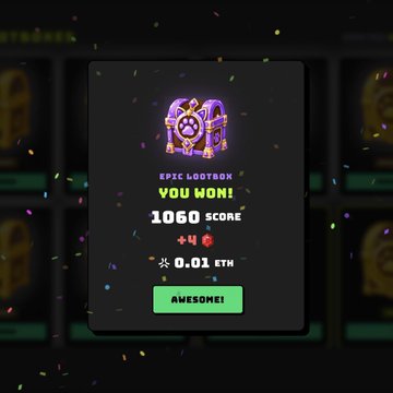 A celebration screen from Khugaverse displays an Epic Lootbox winning, showing a score of 1060 with rewards of +4 gems and 0.01 ETH, accompanied by a "YOU WON!" message and an "AWESOME!" button amidst colorful confetti. This matches the post's excitement about receiving an Epic chest while hoping to upgrade to a Legendary one in the future.