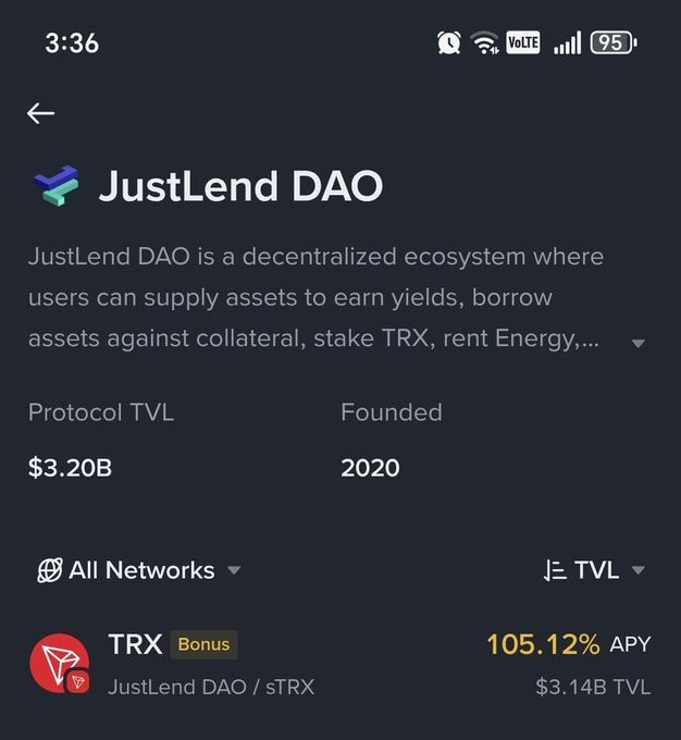 A Binance Wallet screen displays the JustLend DAO protocol page, highlighting sTRX staking from JustLend DAO with a 105.12% APY bonus, a $3.20B Protocol TVL, and a 2020 founding date, illustrating the integrated one-click yield farming access described in the post.