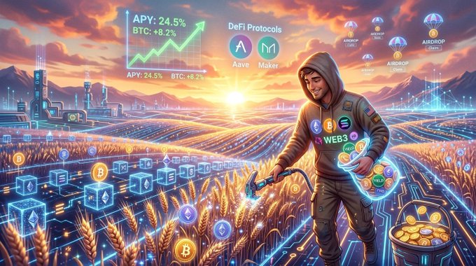 A vibrant digital artwork depicting a smiling man in a hoodie harvesting glowing cryptocurrency coins from a wheat field, with labels showing APY: 24.5%, BTC: +8.2%, and DeFi protocols including Aave and Maker.