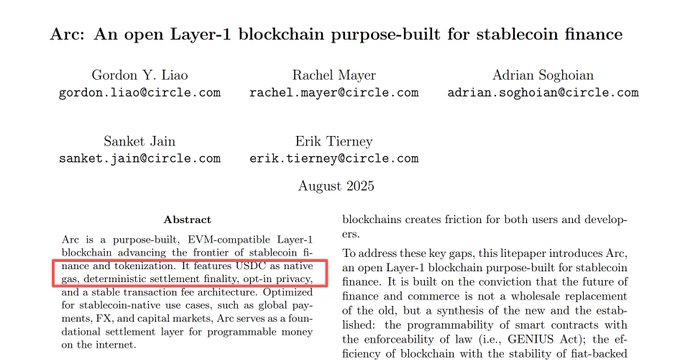 An academic paper titled "Arc: An open Layer-1 blockchain purpose-built for stablecoin finance" by authors from Circle, dated August 2025, with a red box highlighting text about USDC as native gas and opt-in privacy.