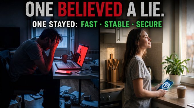 A split-screen meme reading 'ONE BELIEIVED A LIE. ONE STAYED: FAST • STABLE • SECURE,' showing a stressed man at a red-lit laptop on the left and a calm woman holding a smartphone icon in a bright kitchen on the right.