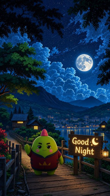A nighttime illustration of a green pickle-like character in a red McDonald's-style outfit standing on a wooden bridge under a full moon, with a 'Good Night' sign nearby.