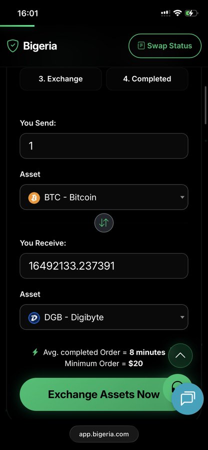 A screenshot of the Bigeria app showing an exchange interface where 1 BTC is converted to 16492133.237391 DGB (DigiByte), with an "Exchange Assets Now" button and "Swap Status" option.