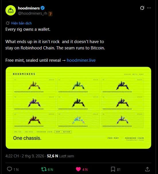A social media post from 'hoodminers @hoodminers_rh' promoting a 'HOODMINERS' NFT collection with text including 'Every rig owns a wallet', 'Free mint, sealed until reveal', and 'hoodminer.live'.