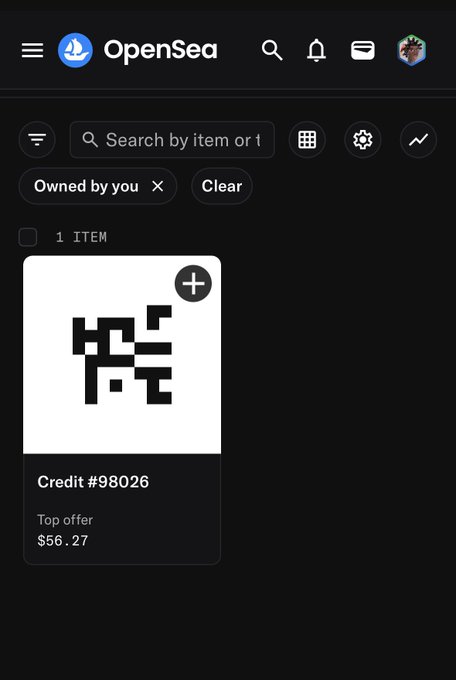 A screenshot of the OpenSea app showing a dark-themed interface. It displays a single NFT item called 'Credit #98026' with a pixelated black design on white background and a top offer of $56.27.