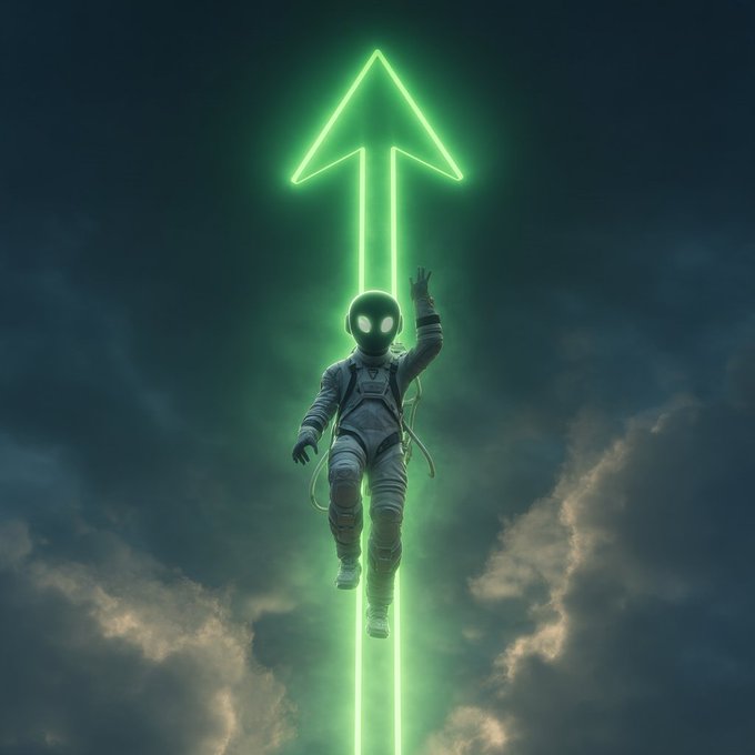 A digital artwork featuring an astronaut in a spacesuit floating upward alongside a glowing green neon arrow against a dramatic cloudy sky.